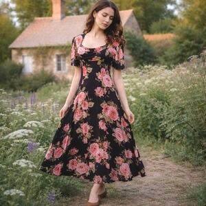 Vtg. 90s Floral Maxi Dress Fit & Flare Romantic Cottagecore Black Pink Rose M/L